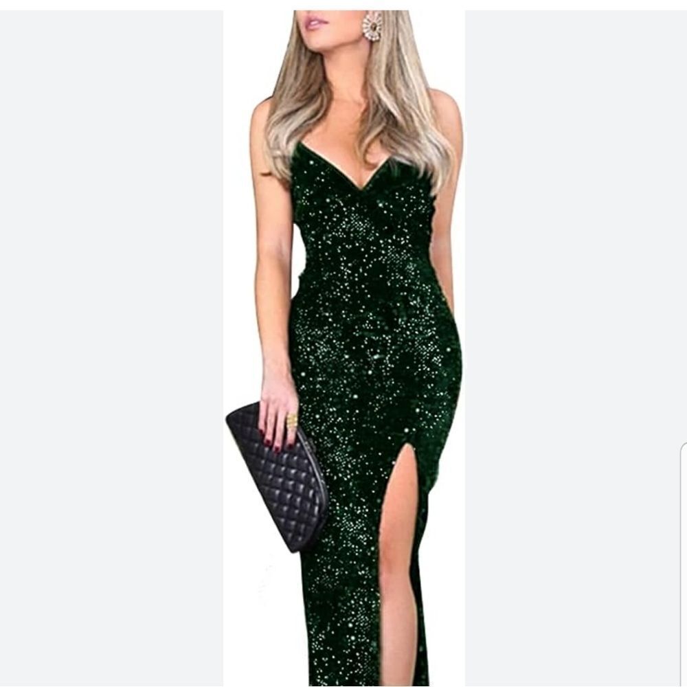 BerryGo Women's Sexy V Neck Bodycon Sequin Gown Evening Dress Slit worn 1X large